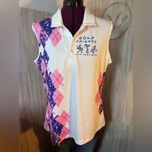 Golf FRIENDS White Sleeveless Polo with Pink & Navy Argyle Print